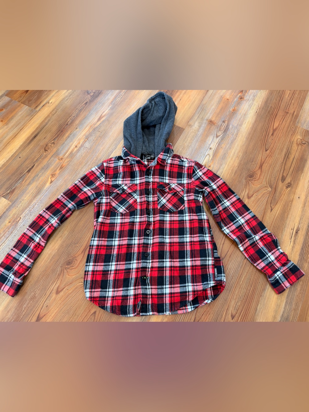 Eddie Bauer Red & Black Plaid Button-Down Shirt with Gray Hood Size 7/8